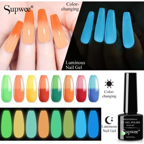 Supwee 7ml Glow In The Dark Gel Nail Polish Luminous Thermal Color Change Varnish Semi Permanent Soak Off UV Gel For Nail Design