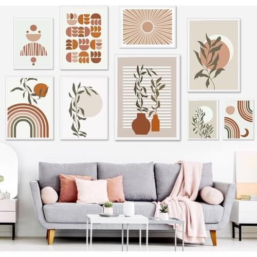 Colorful Wall Art Canvas Painting Sun Vase Leaf Line Geometric Nordic Posters And Prints Pictures For Living Bedroom Boho Decor