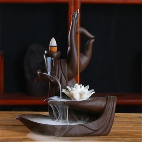 Ceramic Backflow Incense Burner with 50 Incense Cones Buddha Hand Lotus Incense Burner Creative Office Bedroom Home Decoration