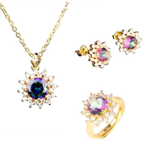 Luxurious Bridal 18k Rose Gold Brial Jewelry Sets Green Color Topaz Flower Earrings Necklace Bracelet and Ring Sets Gifts