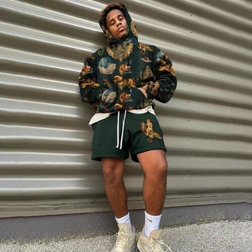 Autumn New Fashion Mens 2pc Set Vintage Pattern Printed Hoodies Men Shorts Outfits Long Sleeve Hoodie Hipster Streetwear