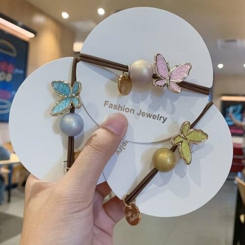 High Quality Hot Selling Fashion Butterfly Decor Hair Band Belly Colored Hair Rope Hair Rings Girls Women Hair Accessories