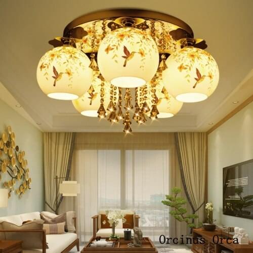 New Chinese creative painted ceramic ceiling lamp living room dining room bedroom romantic Chinese Crystal round ceiling lamp