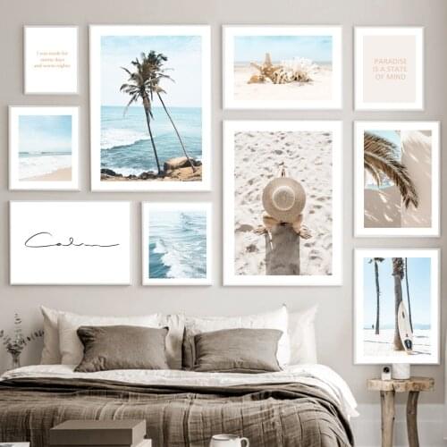 Coconut Palm Leaf Spray Conch Starfish Beach Nordic Posters Prints Blue Sea Art Canvas Painting Wall Pictures For Bedroom Decor