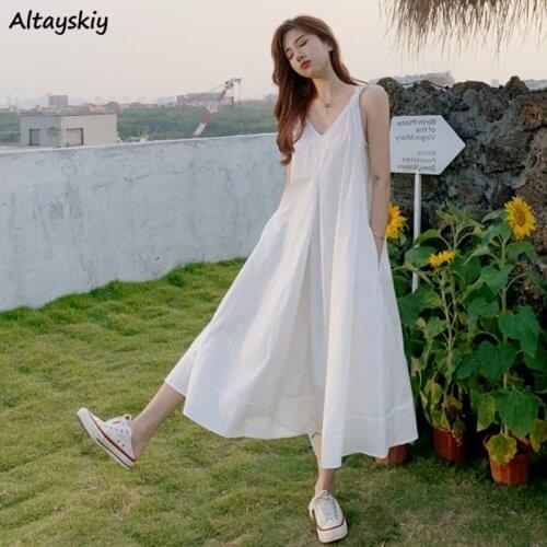 Dresses Women Solid A-Line Fashion Students Style Casual Sweet Girls Loose Ins Sleeveless Holiday Party Sexy Female Vintage Cozy