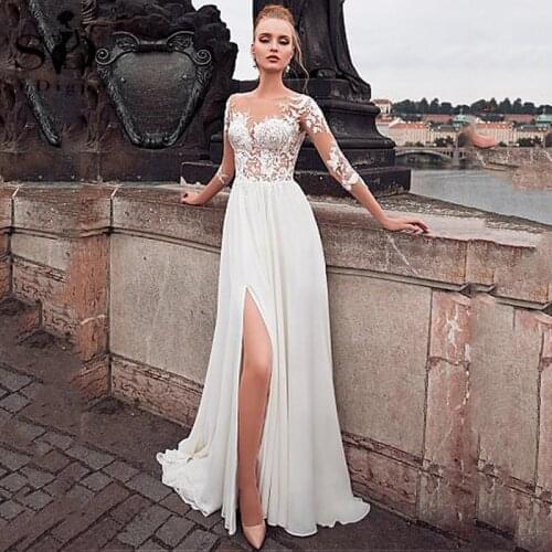 Beach Chiffon Wedding Dresses 2020 3/4 Long Sleeves Lace Appliques Bridal Dress Sexy High Split Simple Boho Wedding Party Gown