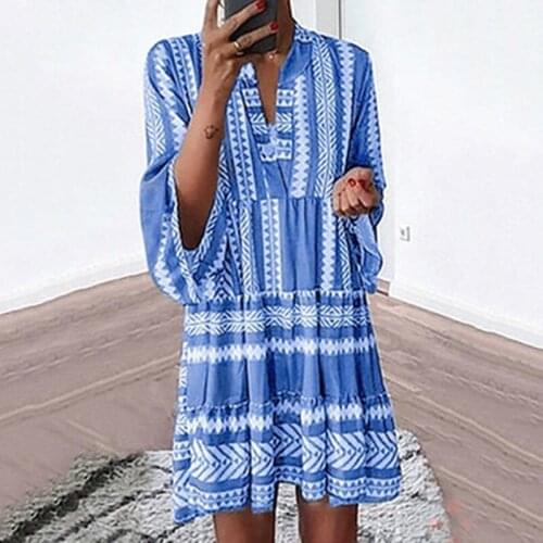 Casual Women Boho Mini Dress Geometric Printed Flare Sleeve Dresses Womens V-Neck Leisure Dress Autumn Loose Dresses Plus Size