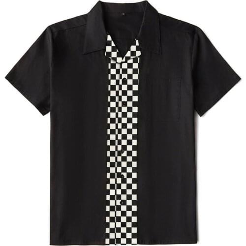 Short Sleeve Summer Cotton Men Shirt Casual Holiday 50s 60s Bowling Vintage Rock Black Plaid Shirt Plus Size overhemden heren