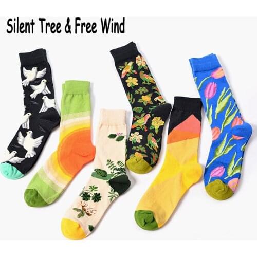 Happy Family Lovely Plant Floral Carnation Peace Dove Bee Bird Crew Socks Men Women Colorful Spring View Cotton Wedding Sock