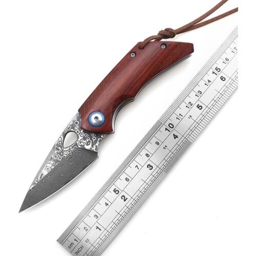 Mini Damascus high hardness folding knife Red acid branch wood handle EDC outdoor cutter adventure hunting knife