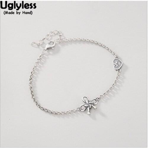 Uglyless 100% Real 925 Sterling Silver Handmade Bow Bracelets for Women Hollow Heart Fine Jewelry Simple Fashion Chains Bracelet