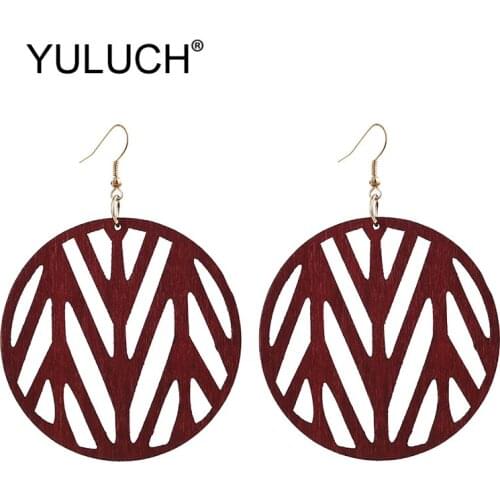 YULUCH African Hollow Geometric Wood Long Pendant Earrings Personality Red Black Round Dangle Earrings For Women Party Wholesale
