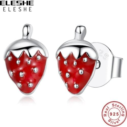 Fashion 925 Sterling Silver Earrings Cute Small Red Enamel Strawberry Stud Earrings For Women Girls Children Baby Kids Jewelry