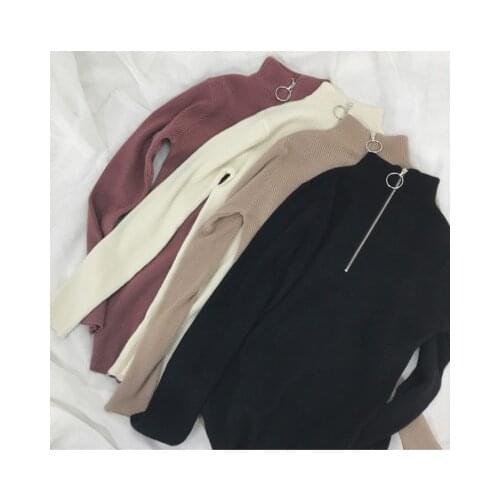 Korean Knitted Turtleneck Sweater Women Autumn Winter Zipper Up Solid Color Knitting Pullovers Big Size Pull Femme Polo Jumper