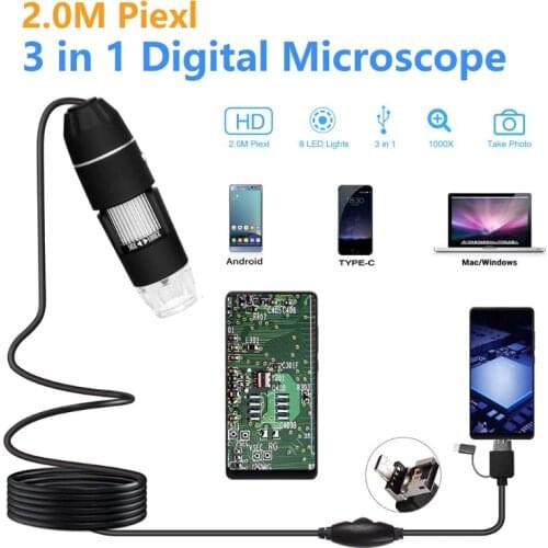2MP 1080p 3 in 1 USB Type-C Micro-USB 1000X Microscope Magnifier Camera Video Endoscope for android- Phone OSX Windows PC