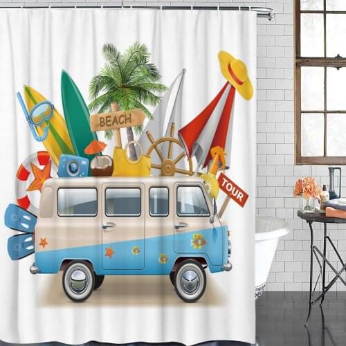 Car Coconut Tree Surfboard Shower Curtain Polyester Fabric Bathroom Home Decor Waterproof Shower Curtains with Hooks