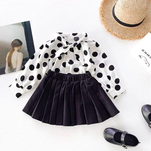 DFXD Spring Fashion Girls Clothing Set Polka Dot Bow Collar Shirt Tops+Pleated Skirts 2pc Princess Kids Outfits 2-7T Kids Sets