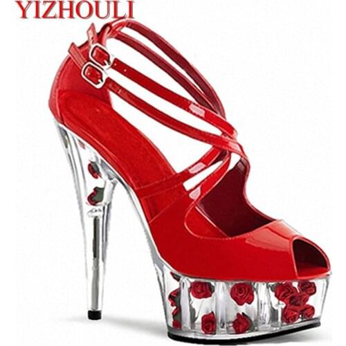 Faye wong stage 15 cm super high heels Thick bottom sandals Diamond Roman black shoes