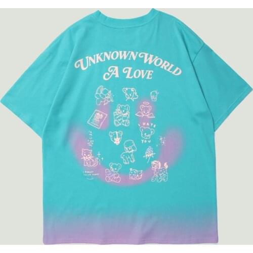 Mens Cartoon Animals Graffiti Smile Print Short Sleeve T-Shirts Hip Hop Streetwear Cotton Casual Loose Harajuku Couples T Shirt