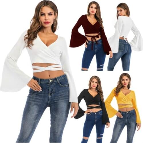 White Top T Shirt Dames Crop Top T Shirt Women Femme Bandage V Neck Summer Long Sleeve Sexy Camiseta Mujer 2021 Black Yellow Tee