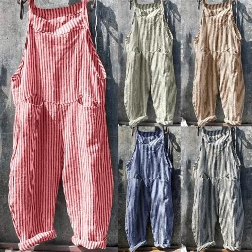 Women Casual Vertical Stripes Bib Overall Sleeveless Pockets Jumpsuit Dungarees Trousers Female Pants Casual Loose