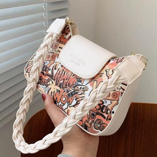 Comic Doodle Shoulder Crossbody Bags For Women 2021 PU Leather Womens Designer Weave Handle Handbag Female Travel Messenger Bag