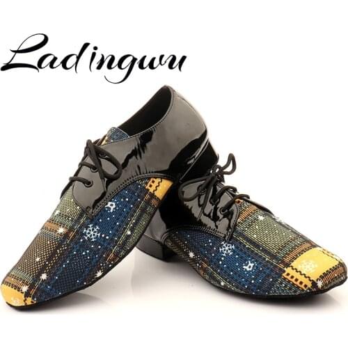 Ladingwu New Modern Mens Soft Bottom Latin Dance Shoes Brown Blue Denim Ballroom Waltz Samba Dance Shoes Heel 2.5/4.5cm