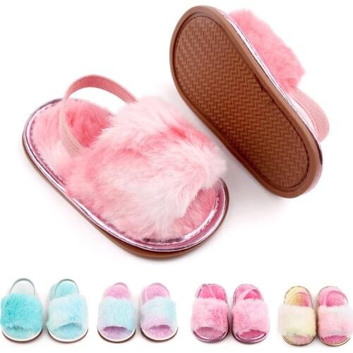 Infant Baby Sandals Girls Shoes Plush Sandals Soft Sole Faux Fur Flats Toddler Prewalker Slippers with Elastic Back Strap Newbor