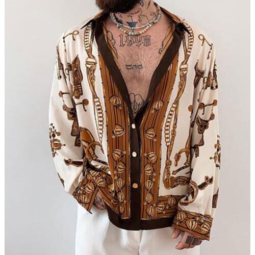 2021 Fall Mens American Retro Print Lapel Long Sleeve Shirt Fashion Trend High Quality Holiday Shirt