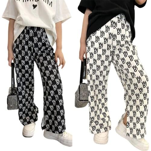 2021 New Kids Flared Trousers, Girls Letter Print High Waist Bell-Bottomed Pants for Summer Fall, White/Black