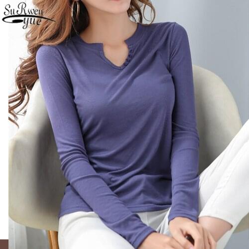 2021 New Autumn Cotton V-neck Long Sleeve Blouse Women Casual Stretch Bottoming Shirt Women Slim Fit Solid Pullover Tops 10475