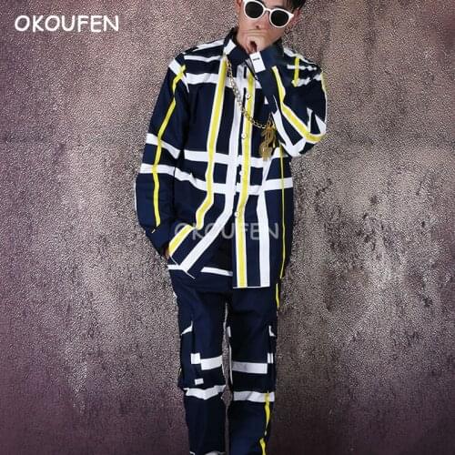 New mens Casual set Fashion Striped shirt suit overalls printing shirt tide male hairdresser shirt set