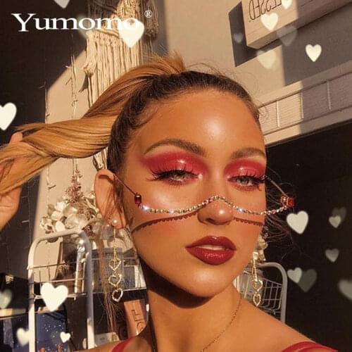 Luxury Fashion Diamond eyeglasses Alloy Frame for Women green and Red Pink Gem Lensless Chain Pendant Half Frame glasses