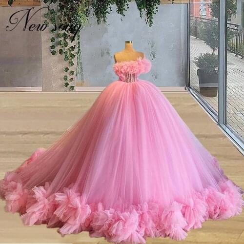 Princess Pink Tiered Tulle Evening Dresses Beach Very Puffy Formal Robe De Soiree Middle East Prom Dress Long Dubai Party Gowns