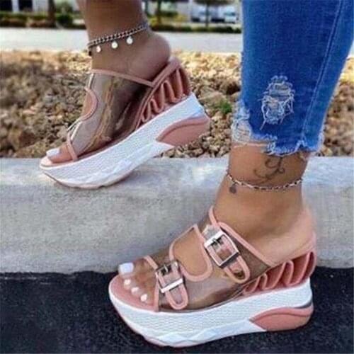 Sandals women stand alone summer color matching slope with transparent PU double buckle fluorescent green wave slippers womens