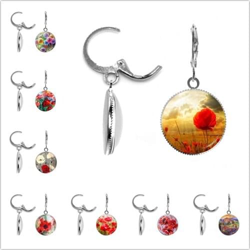 Poppy Flowers Pattern Silver Color Hook Earring Beautiful Poppy Glass Cabochon Fashion Jewelry for Women Girls Gift