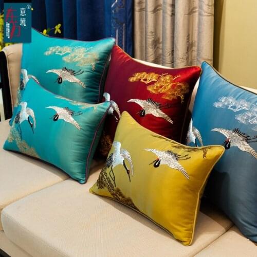Exquisite Embroidery Pine Crane Silk Cover Cushions Pillow Cases Sofa Chair Back Cushion Cover Chinese Lumbar Pillow Covers