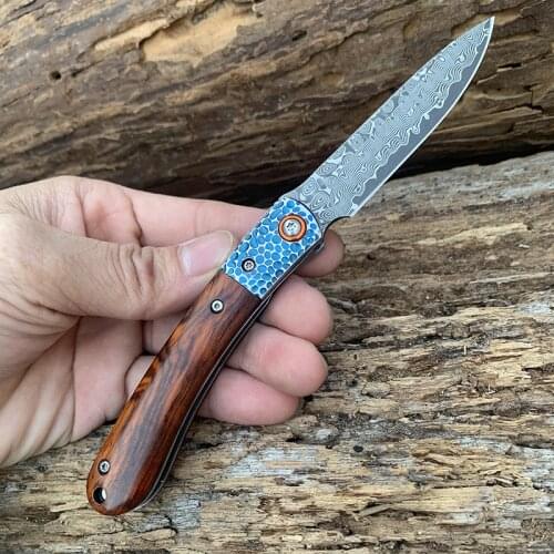 SAMSEND handmade folding knife natural wood handle Damas blade, male and female outdoor EDC self-defense tool, boutique knife