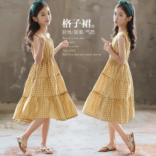 Girls Loose Plaid Dress 2021 Teen Childrens Vest Dress Girls Holiday Seaside Dress Kids New Summer Sleeveless Casual Dress