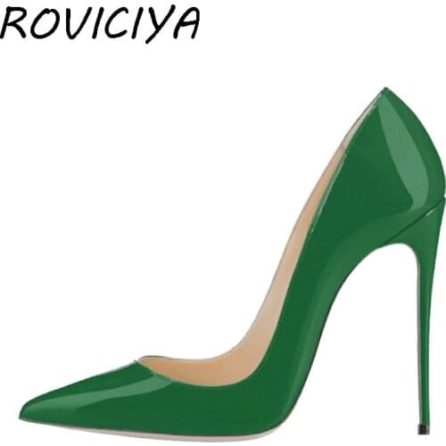 Green Shoe Heel Sexy Woman High Heel 12 cm Stilettos Women Party Brand Designer Shoes Patent leather Pointed Toe QP055 ROVICIYA