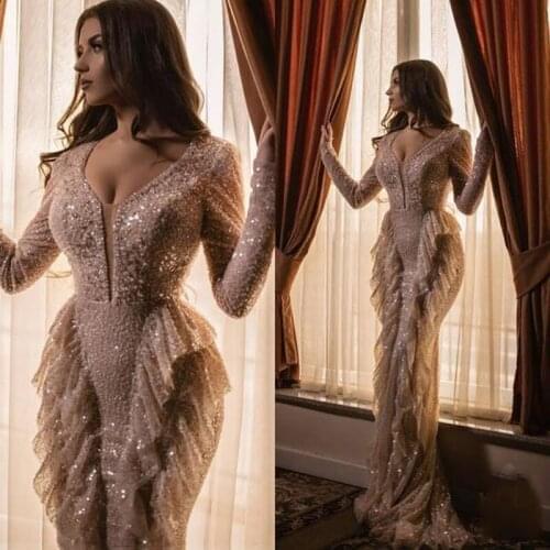 Sheath Evening Dresses Full Sleeves Sparkling Tiered Prom Dresses Sexy abiye Long Evening Dress Sequins robe de soiree