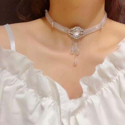 Vintage Chokers Necklace Elegant Temperament Female Handmade Woven Korean Style Crystal Tassels Luxury Inlay Jewelry Accessories