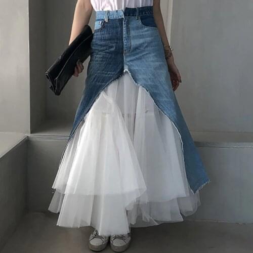 Runway Women Long Maxi Jeans Tutu Tulle Splice High Quality Mesh Ball Gown Fashion Designer Luxury Denim Skirt 2020