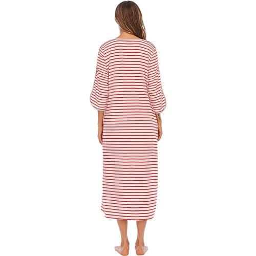 Witbuy Women Long Sleepwear Soft Zipper Front Robes Autumn Nightgown Warm Striped Kimono Loungewear Maternity Bathrobe Pajamas