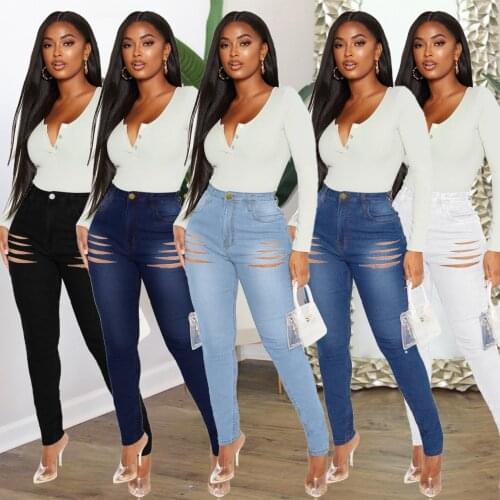 Women Drawstring Denim Jeans 2021 New Fashion Ripped Hole Stretch Ladies Jean Pants Casual Plus Size Pencil Pants Trousers