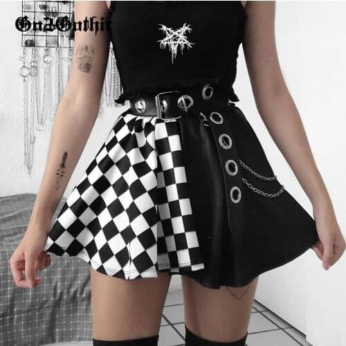 Checkerboard Skirt Women Dark Check Pattern Skirt Plaid Print Patchwork High Waist Skirts Goth Skirts Harajuku Motorcycle Girls