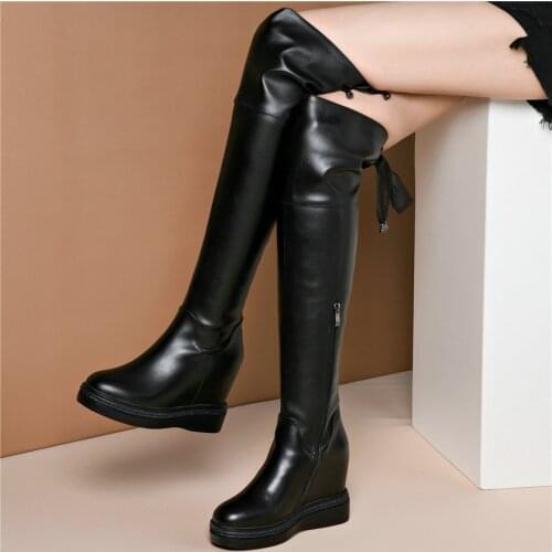Winter Thigh High Fashion Sneakers Women Genuine Leather Over The Knee High Motorcycle Boots Female Wedges High Heel Pumps Shoes