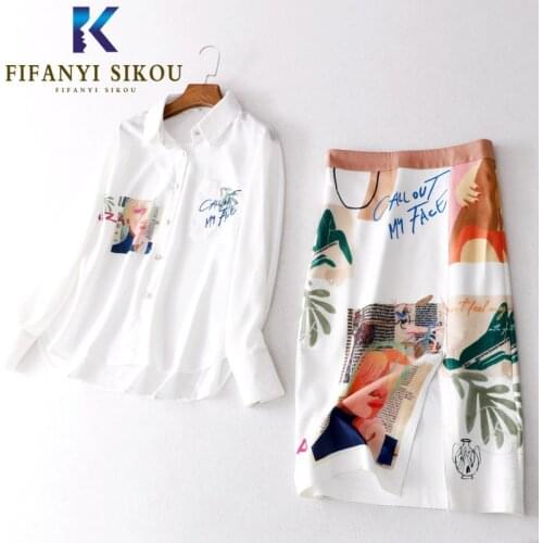 High quality Chiffon 2 piece set Women Fashion Print Long sleeve Shirt And High waist Skirt Casual Two piece set Female 2020