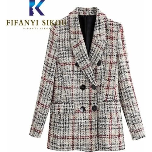 Autumn Winter Women High Quality Tweed Blazer Jacket Double Breasted Fashion Plaid Suit Jacket Ladies Loose Woolen Blazers Coat