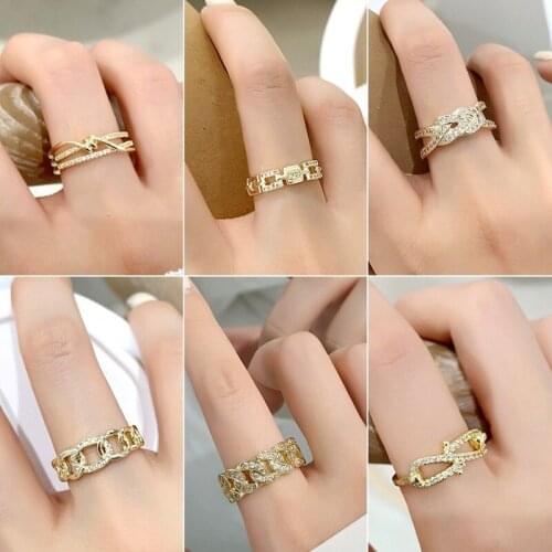 VSnow Korean Fashion Twist Cross Chain Hollow Ring for Women Rhinestone Metal Index Finger Ring Party Holiday Jewelry Wholesale